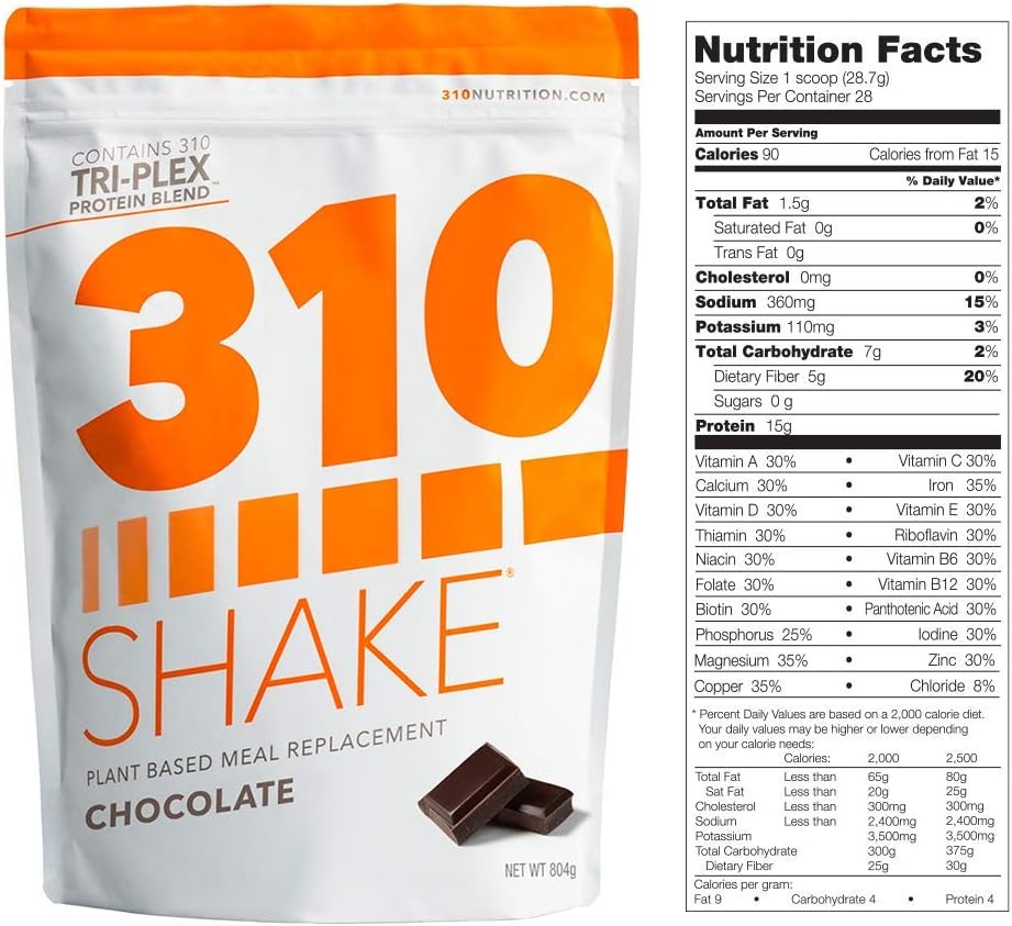 310 Nutrition Plant Protein Powder and Meal Replacement Shake - Chocolate Flavor | Gluten-Free, Dairy-Free, Soy-Free, Sugar-Free | Keto and Paleo Friendly - 28 Servings
