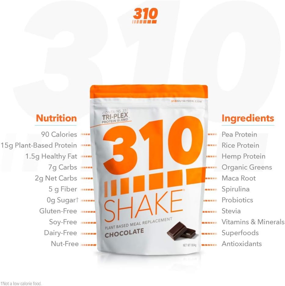 310 Nutrition Plant Protein Powder and Meal Replacement Shake - Chocolate Flavor | Gluten-Free, Dairy-Free, Soy-Free, Sugar-Free | Keto and Paleo Friendly - 28 Servings