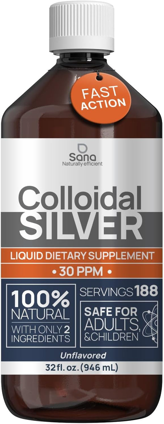 32 fl oz Katharos Colloidal Silver Liquid - 30 PPM Bioactive Hydrosol Silver Water for Immune Support - Ionic Minerals Solution - Organic Structured Silver Supplement