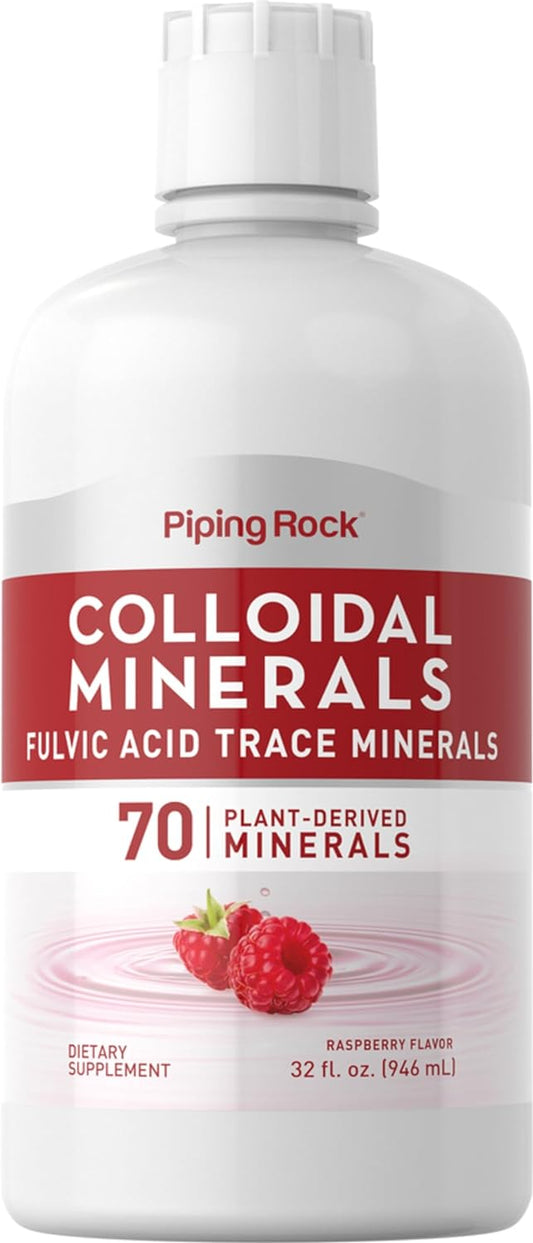 32 fl oz Piping Rock Liquid Colloidal Minerals with Fulvic Acid Trace Minerals - Raspberry Flavor | Plant Based | Vegetarian, Non-GMO, Gluten Free