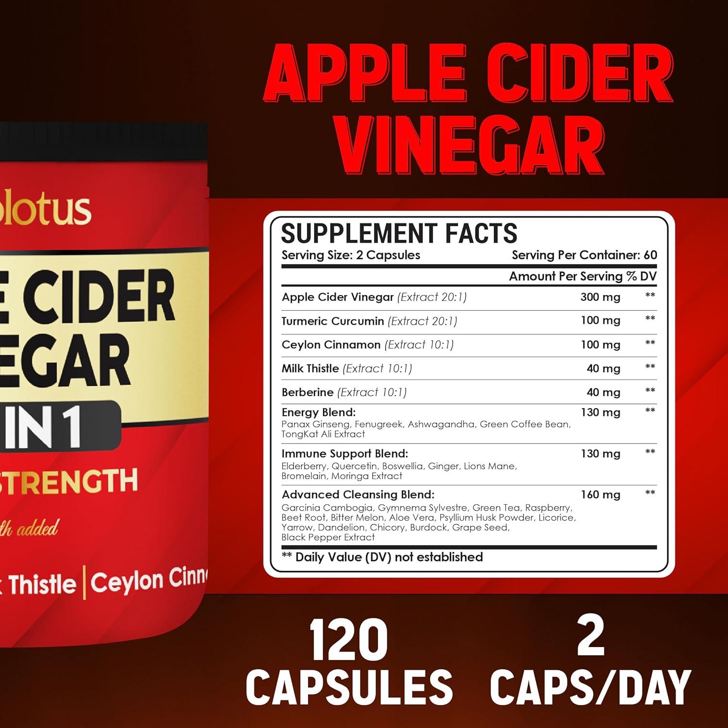 32-in-1 Apple Cider Vinegar Capsules with Turmeric, Cinnamon, Milk Thistle, Elderberry, Quercetin - Digestion & Immune Support - 120 Caps
