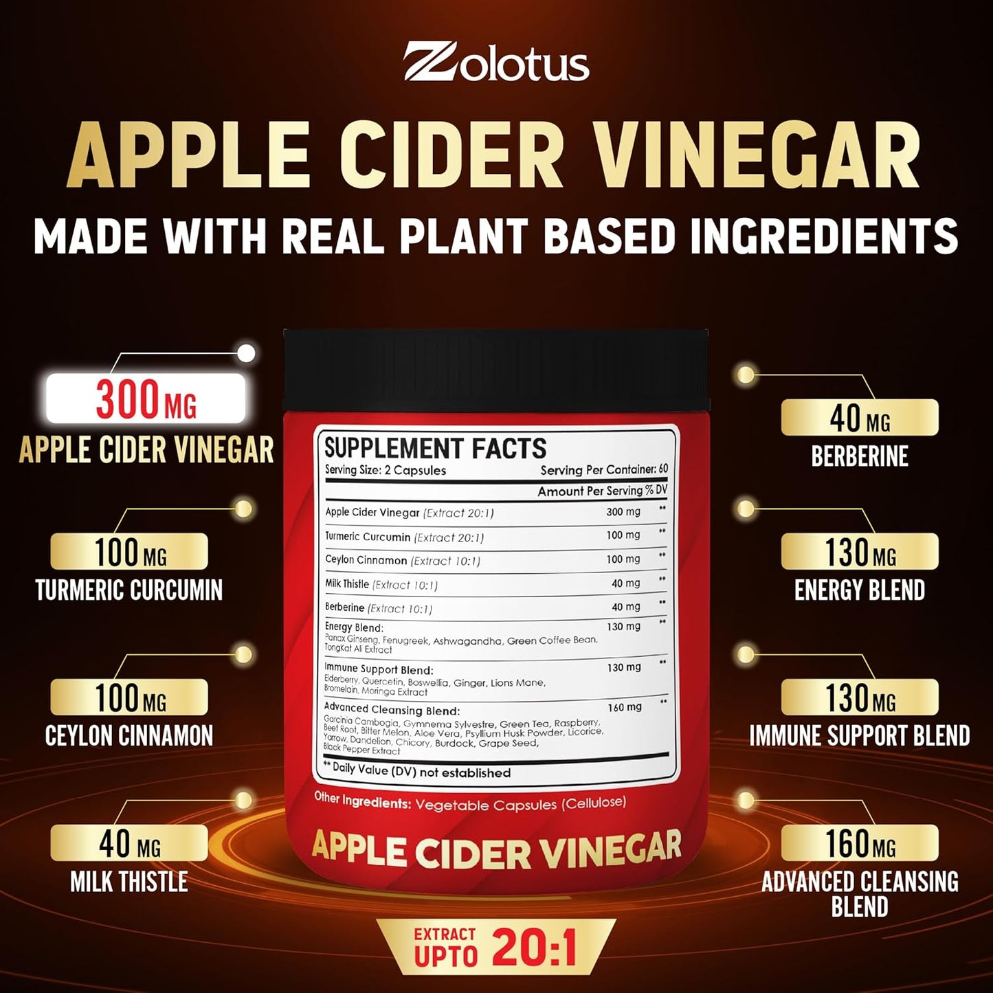 32-in-1 Apple Cider Vinegar Capsules with Turmeric, Cinnamon, Milk Thistle, Elderberry, Quercetin - Digestion & Immune Support - 120 Caps