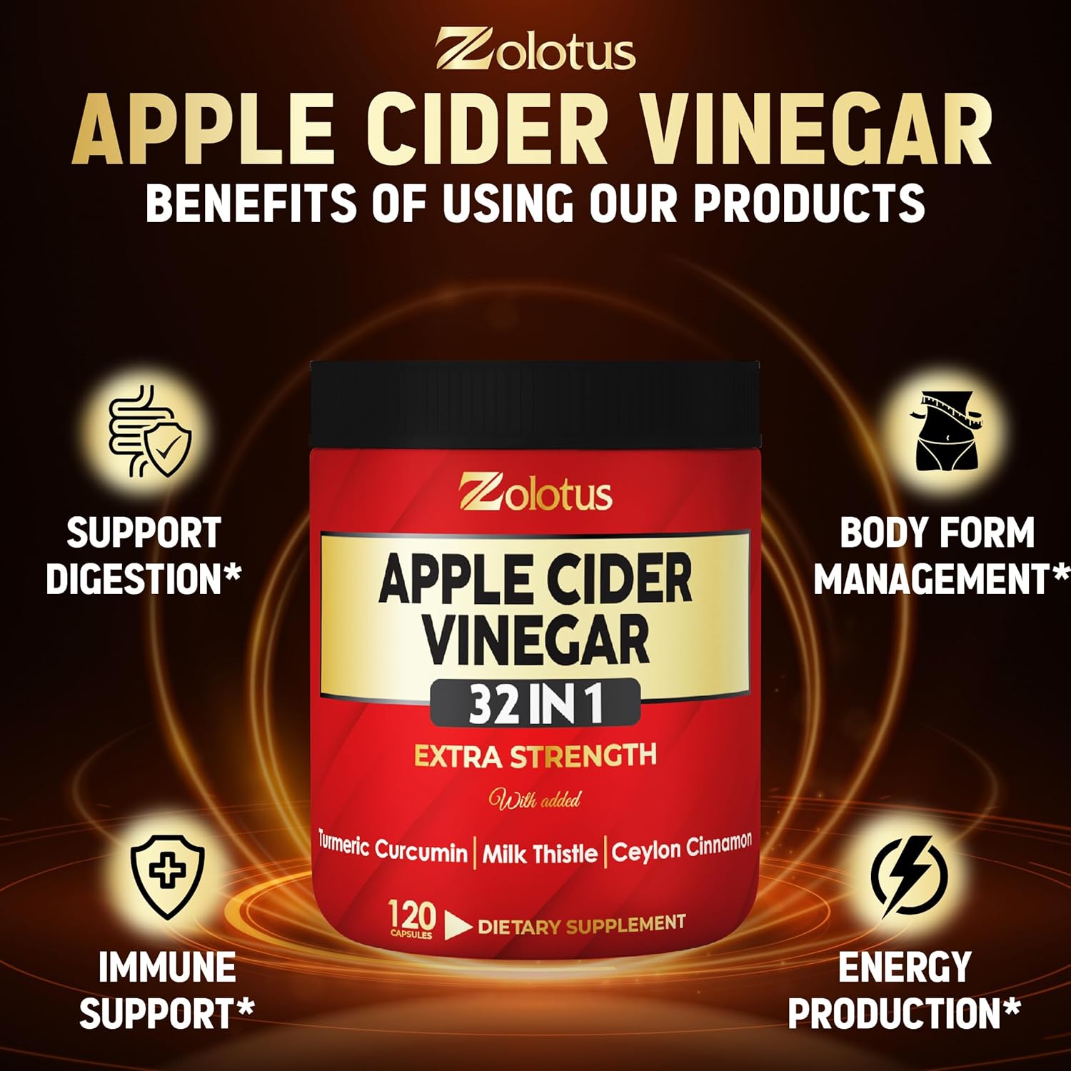 32-in-1 Apple Cider Vinegar Capsules with Turmeric, Cinnamon, Milk Thistle, Elderberry, Quercetin - Digestion & Immune Support - 120 Caps