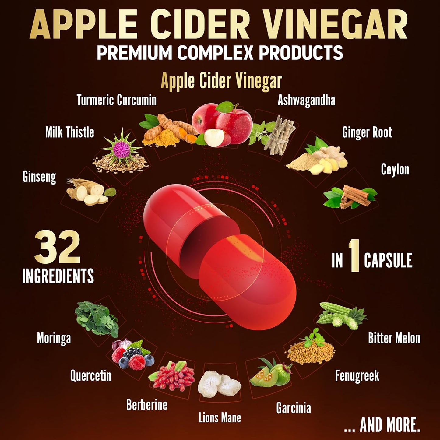 32-in-1 Apple Cider Vinegar Capsules with Turmeric, Cinnamon, Milk Thistle, Elderberry, Quercetin - Digestion & Immune Support - 120 Caps