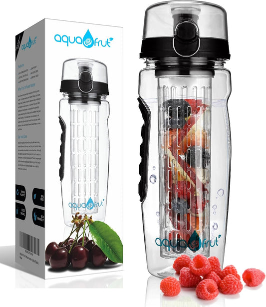 32 oz AquaFrut Fruit Infuser Water Bottle - BPA-Free Sports Bottle with Flip Top Lid, Leak Proof, Tritan Material - Includes Free Recipe eBook - Black