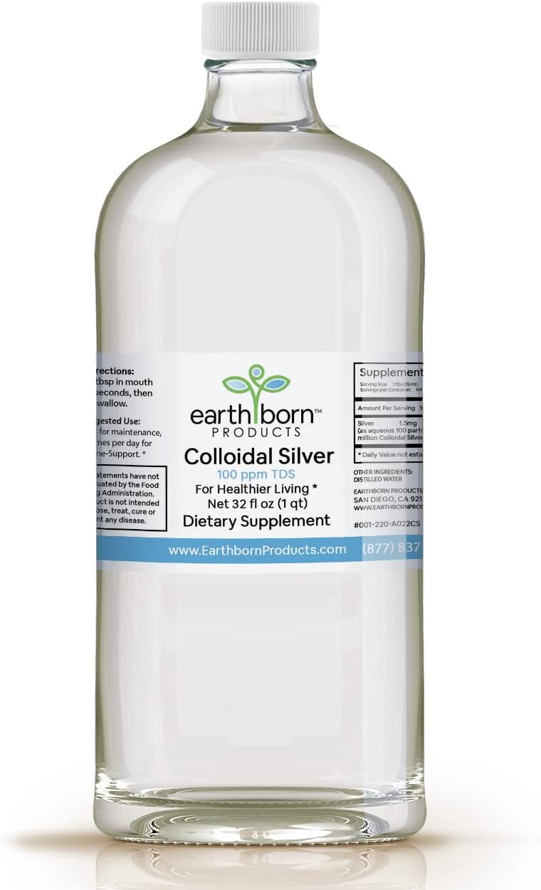 32 oz Bottle of Earthborn Products Monatomic Colloidal Silver with 100 ppm for Immune Support - 1 Quart Size