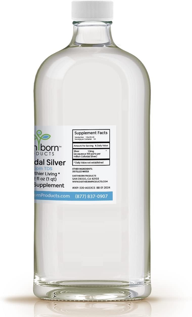 32 oz Bottle of Earthborn Products Monatomic Colloidal Silver with 100 ppm for Immune Support - 1 Quart Size