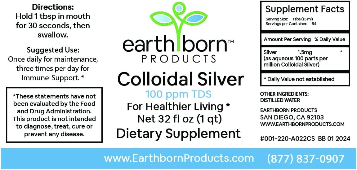 32 oz Bottle of Earthborn Products Monatomic Colloidal Silver with 100 ppm for Immune Support - 1 Quart Size