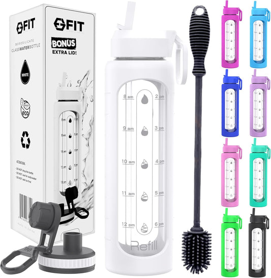32 oz FIT Strong & Healthy Glass Water Bottle with Time Marker Reminder - Leakproof Wide Mouth Reusable 1 Liter Drinking Bottle - Large Motivational Water Bottle - White with Extra Lid & Cleaning Brush