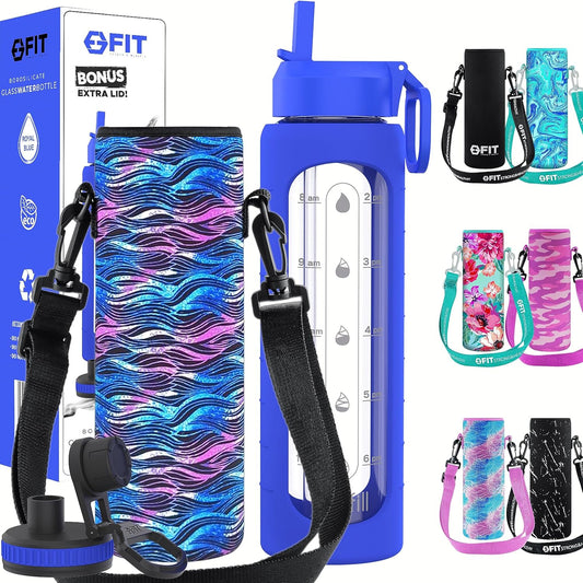32 oz Glass Water Bottle with Straw Lid, Time Marker, Sleeve, Holder & Strap - Motivational 1L Drinking Bottle (Royal Blue Sleeve, Black Waves Carrier)
