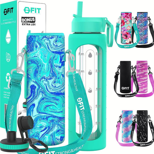 32 oz Glass Water Bottle with Straw Lid, Time Marker, Sleeve, Extra Lid & Holder - Motivational Wide Mouth 1L Drinking Bottle - Seafoam Sleeve, Blue Marble Carrier