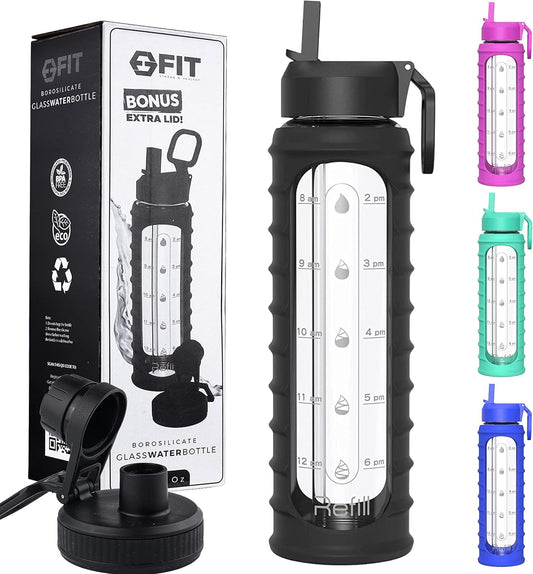32 oz Glass Water Bottle with Straw Lid, Time Marker, Sleeve & Extra Lid - Motivational, Wide Mouth, BPA-Free Glass Drinking Bottle