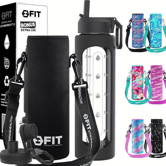 32 oz Glass Water Bottle with Straw Lid, Time Marker, Sleeve, Extra Lid & Holder - Motivational Wide Mouth 1L Drinking Bottle