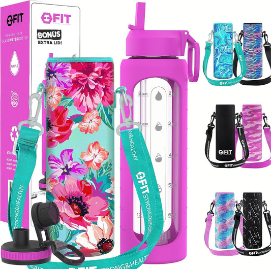 32 oz Glass Water Bottle with Straw Lid, Time Marker, Sleeve, Holder & Strap - Motivational, Wide Mouth, 1L Drinking Bottle - Purple Floral Carrier