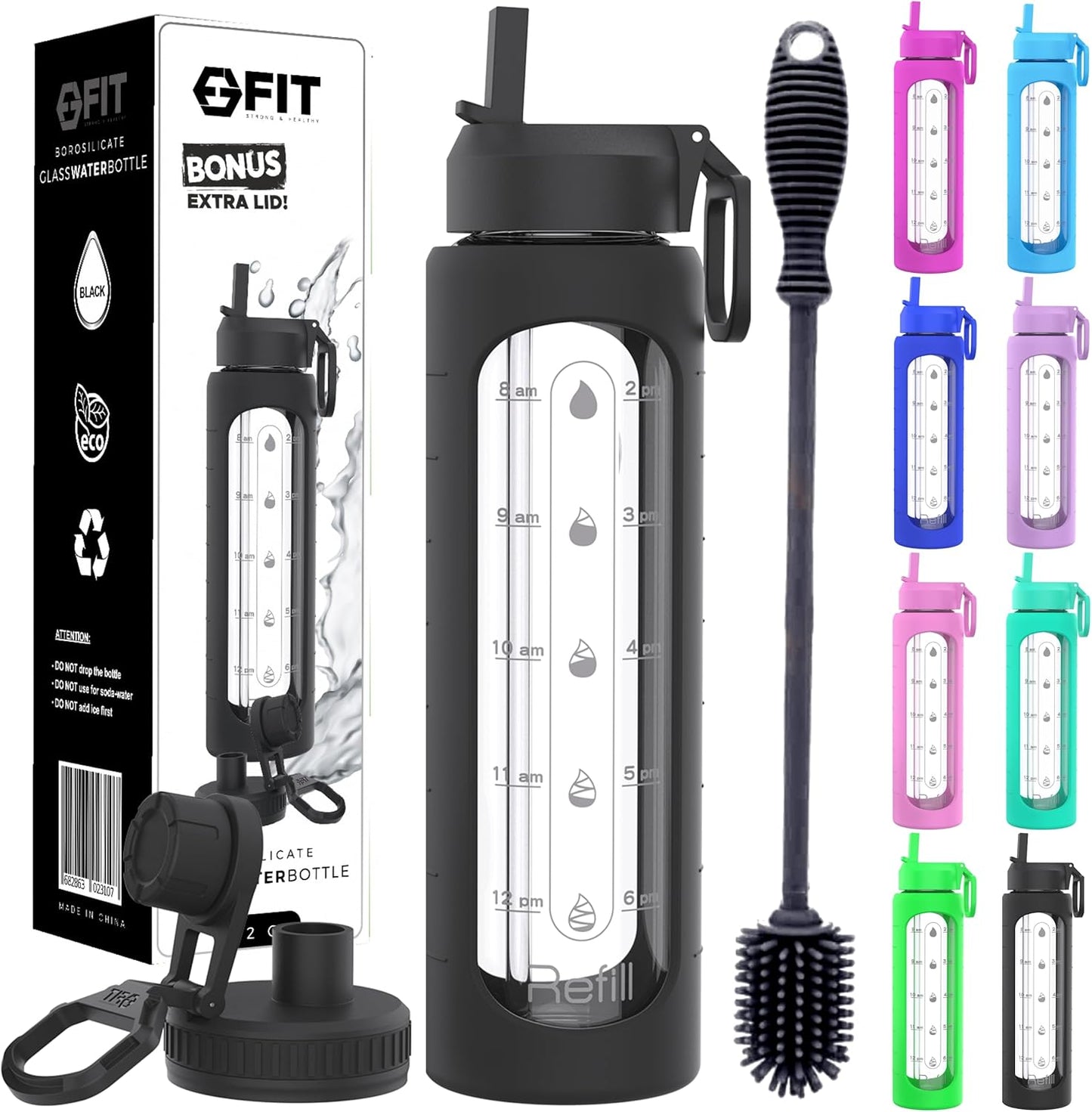 32 oz Glass Water Bottle with Straw Lid, Time Marker, & Sleeve - BPA-Free Large Glass Drinking Bottle