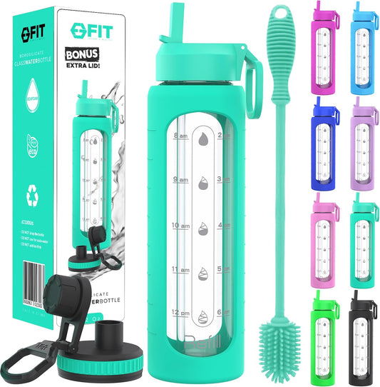 32 oz Glass Water Bottle with Straw Lid, Time Marker, Sleeve, & Brush - Motivational Wide Mouth BPA-Free Glass Bottle