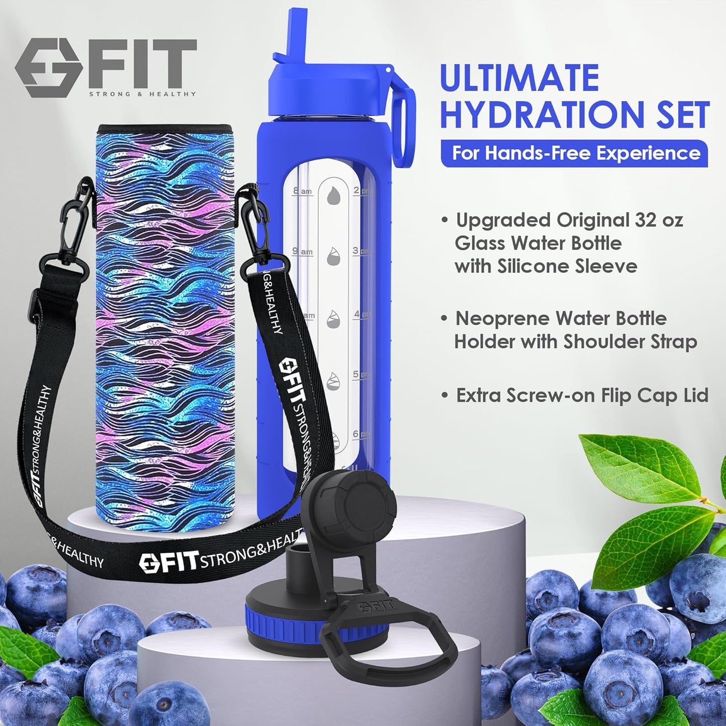 32 oz Glass Water Bottle with Straw Lid, Time Marker, Sleeve, Holder & Strap - Motivational 1L Drinking Bottle (Royal Blue Sleeve, Black Waves Carrier)