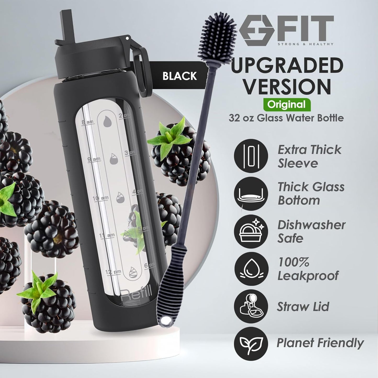 32 oz Glass Water Bottle with Straw Lid, Time Marker, & Sleeve - BPA-Free Large Glass Drinking Bottle