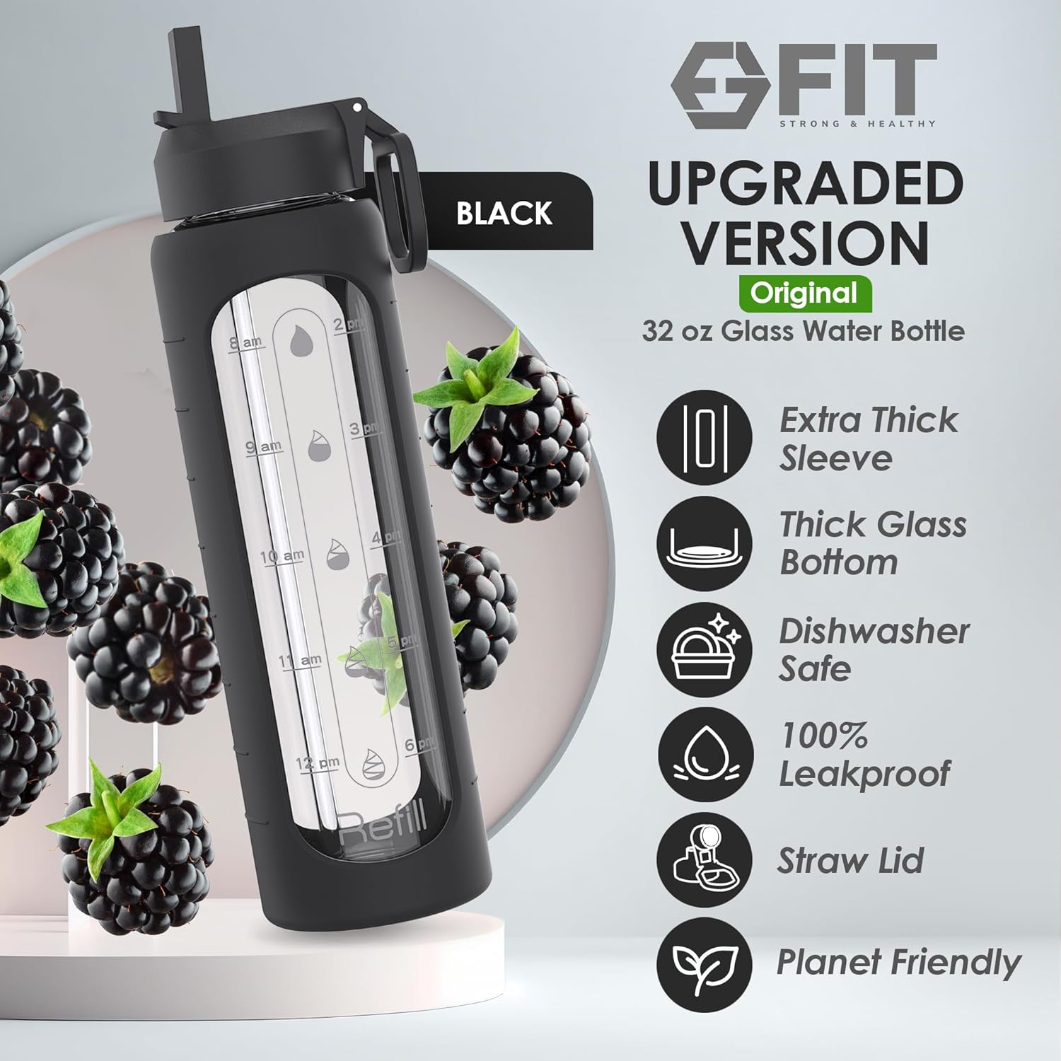 32 oz Glass Water Bottle with Straw Lid, Time Marker, Sleeve, Extra Lid & Holder - Motivational Wide Mouth 1L Drinking Bottle