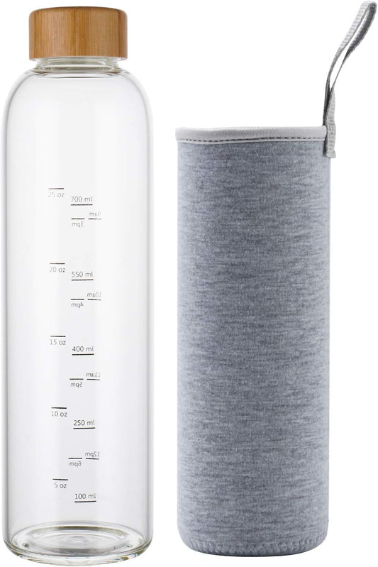 32 oz Glass Water Bottle with Time Marker, Bamboo Lid, Neoprene Sleeve - Reusable, Eco-Friendly, BPA-Free for Travel, Gym, Home - Gray