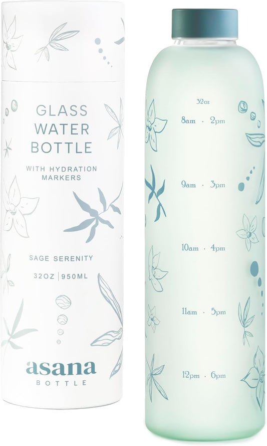 32 oz Glass Water Bottle with Time Marker, BPA Free Borosilicate Glass - Leakproof & Reusable (Sage Serenity)
