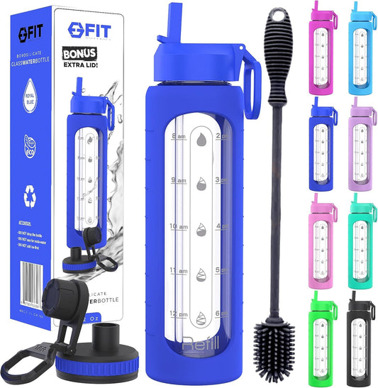 32 oz Glass Water Bottle with Time Marker Reminder - BPA Free, Leakproof, Wide Mouth, Reusable, Motivational (Royal Blue)