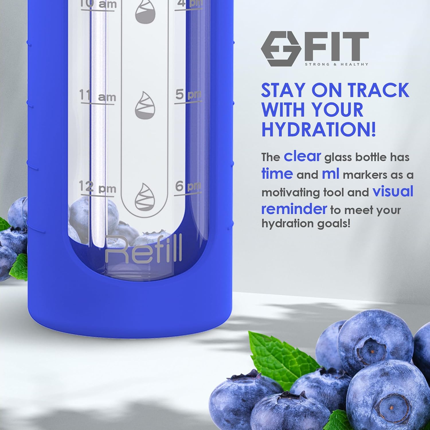 32 oz Glass Water Bottle with Time Marker Reminder - BPA Free, Leakproof, Wide Mouth, Reusable, Motivational (Royal Blue)