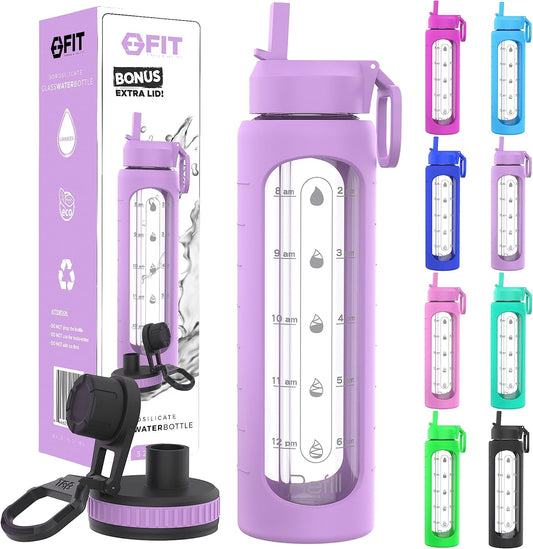 32 oz Glass Water Bottle with Time Marker, Silicone Sleeve, and 2 Leakproof Lids - BPA Free 1 Liter Motivational Drinking Bottle