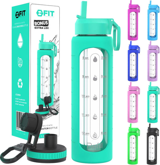 32 oz Glass Water Bottle with Time Marker & Silicone Sleeve - BPA Free, Leakproof Lids & Wide Mouth - 1 Liter Motivational Drinking Bottle in Seafoam Color