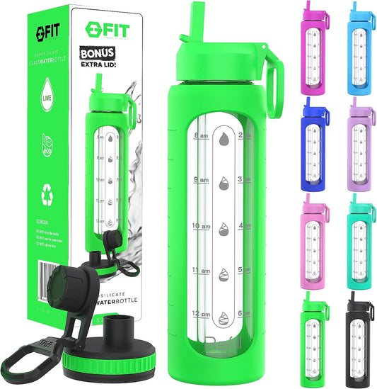 32 oz Glass Water Bottle with Time Marker & Silicone Sleeve - BPA Free, 1 Liter Motivational Drinking Bottle with 2 Leakproof Lids - Lime