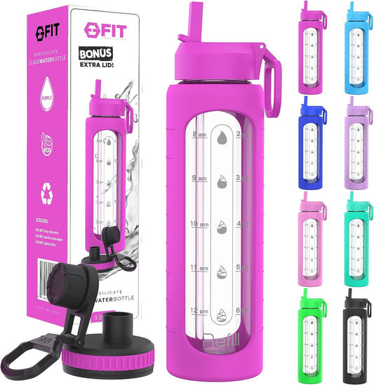 32 oz Glass Water Bottle with Time Marker, Silicone Sleeve, and 2 Leakproof Lids - BPA Free 1 Liter Motivational Drinking Bottle