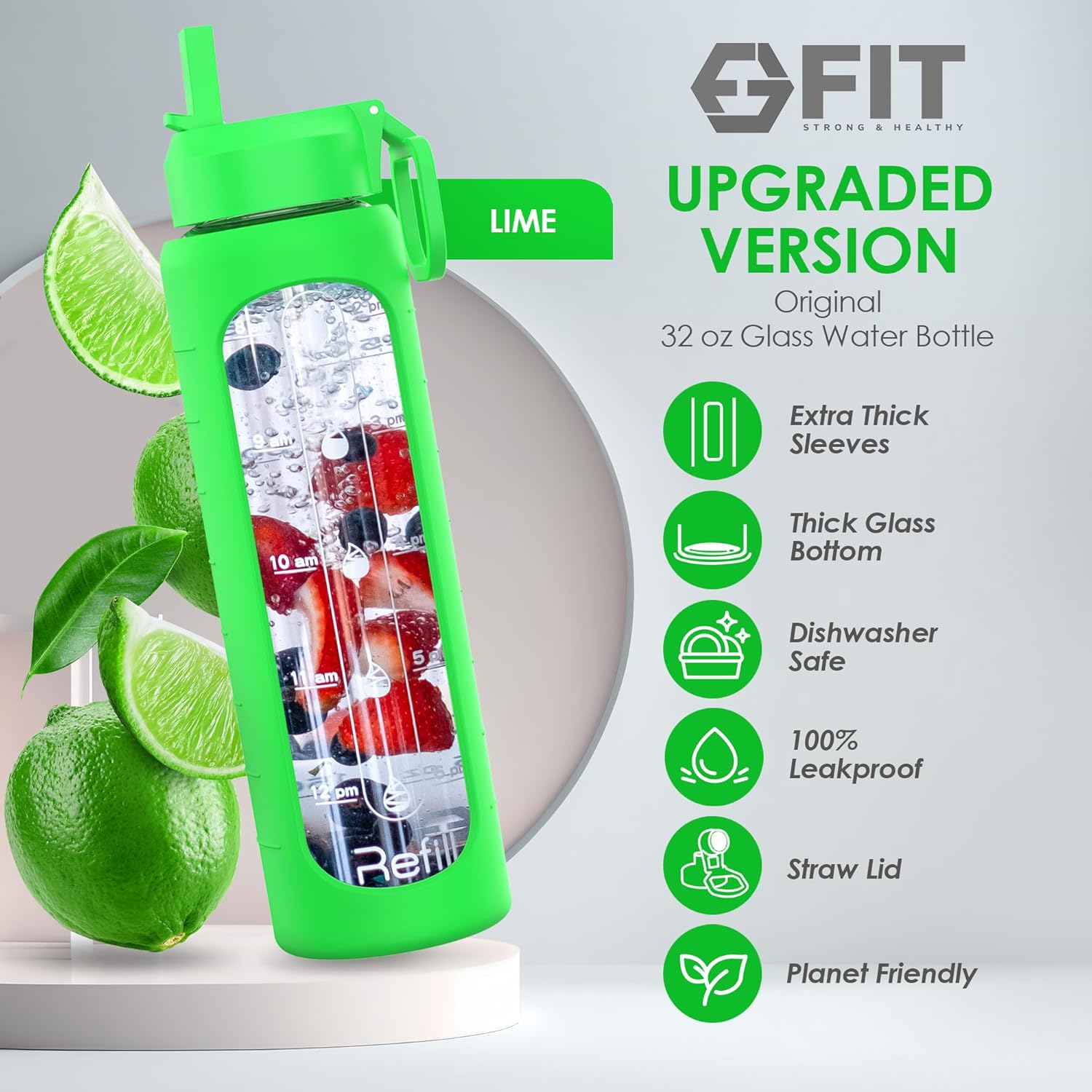 32 oz Glass Water Bottle with Time Marker & Silicone Sleeve - BPA Free, 1 Liter Motivational Drinking Bottle with 2 Leakproof Lids - Lime