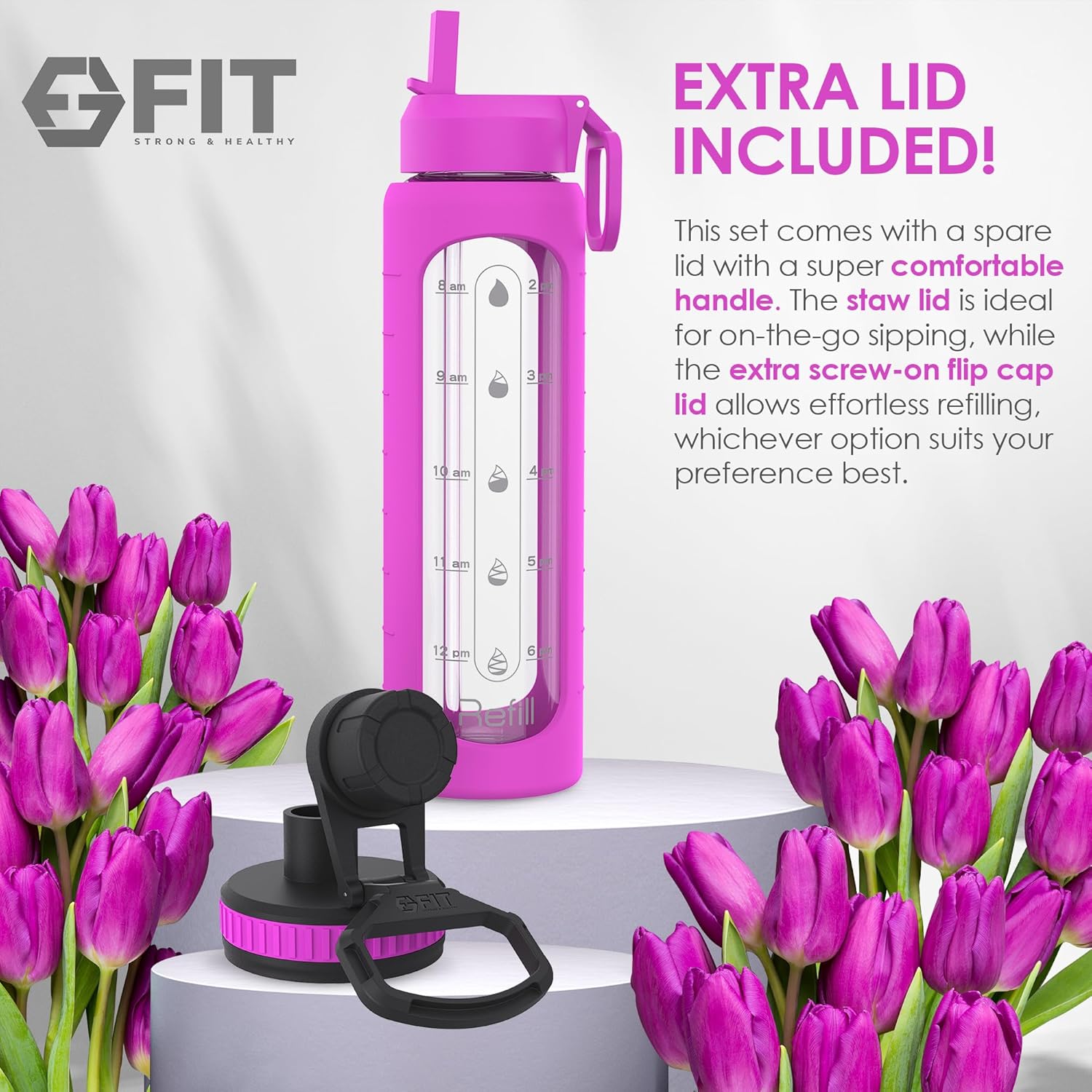 32 oz Glass Water Bottle with Time Marker, Silicone Sleeve, and 2 Leakproof Lids - BPA Free 1 Liter Motivational Drinking Bottle