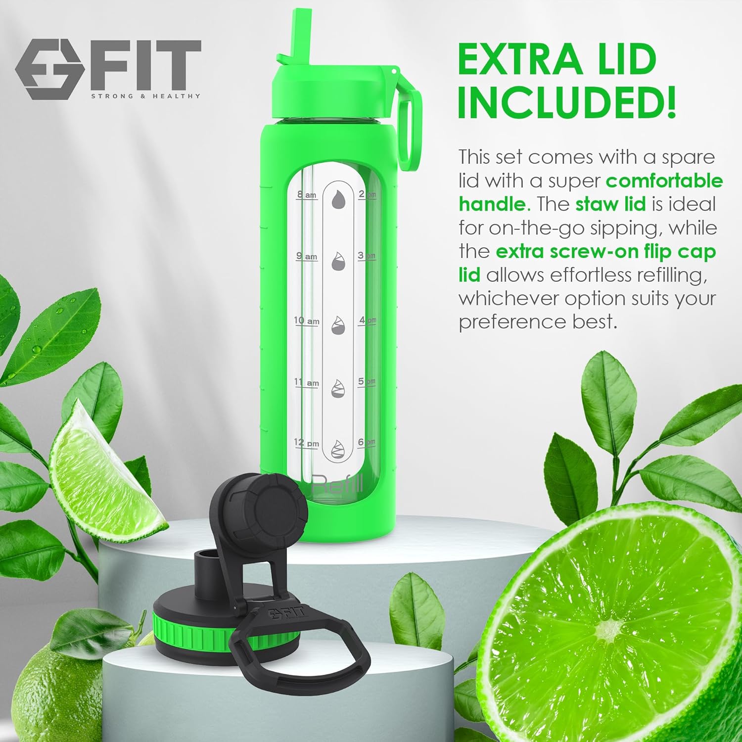 32 oz Glass Water Bottle with Time Marker & Silicone Sleeve - BPA Free, 1 Liter Motivational Drinking Bottle with 2 Leakproof Lids - Lime