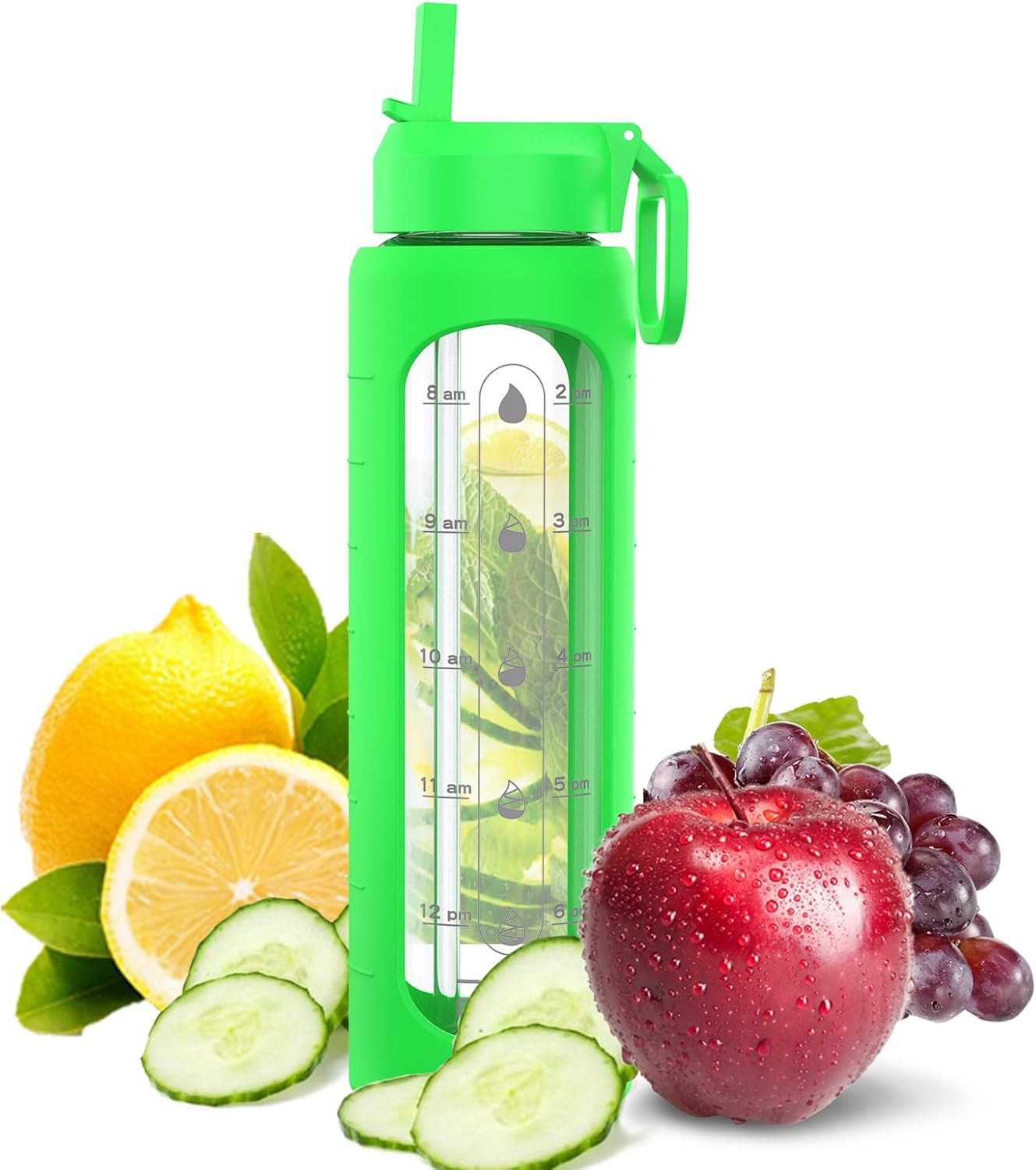 32 oz Glass Water Bottle with Time Marker & Silicone Sleeve - BPA Free, 1 Liter Motivational Drinking Bottle with 2 Leakproof Lids - Lime