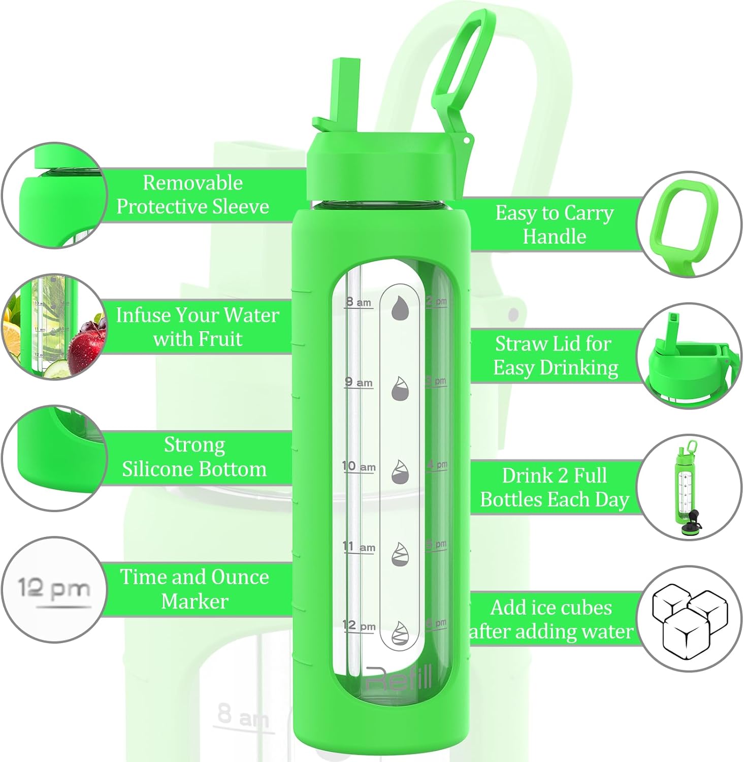 32 oz Glass Water Bottle with Time Marker & Silicone Sleeve - BPA Free, 1 Liter Motivational Drinking Bottle with 2 Leakproof Lids - Lime