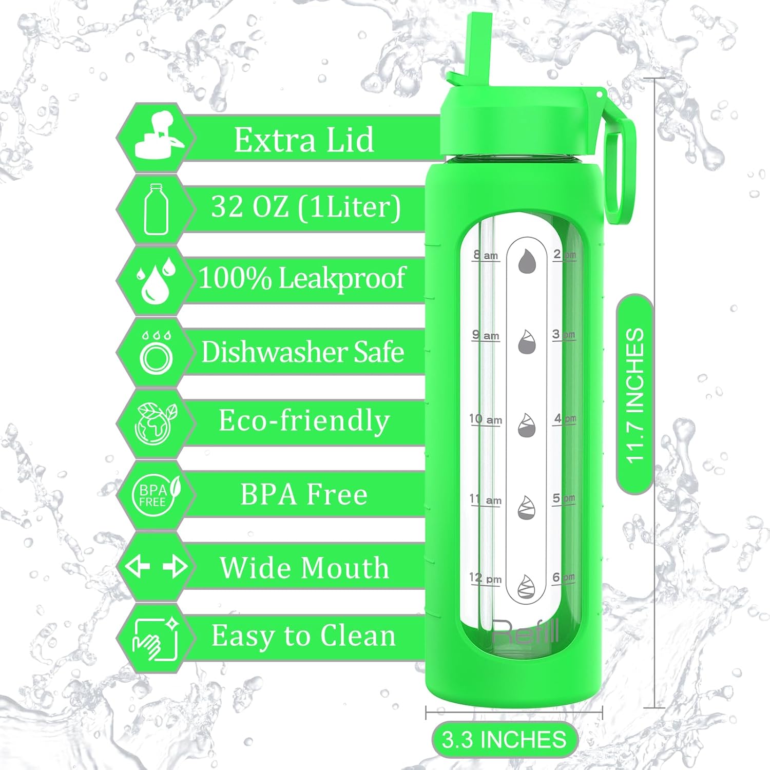 32 oz Glass Water Bottle with Time Marker & Silicone Sleeve - BPA Free, 1 Liter Motivational Drinking Bottle with 2 Leakproof Lids - Lime