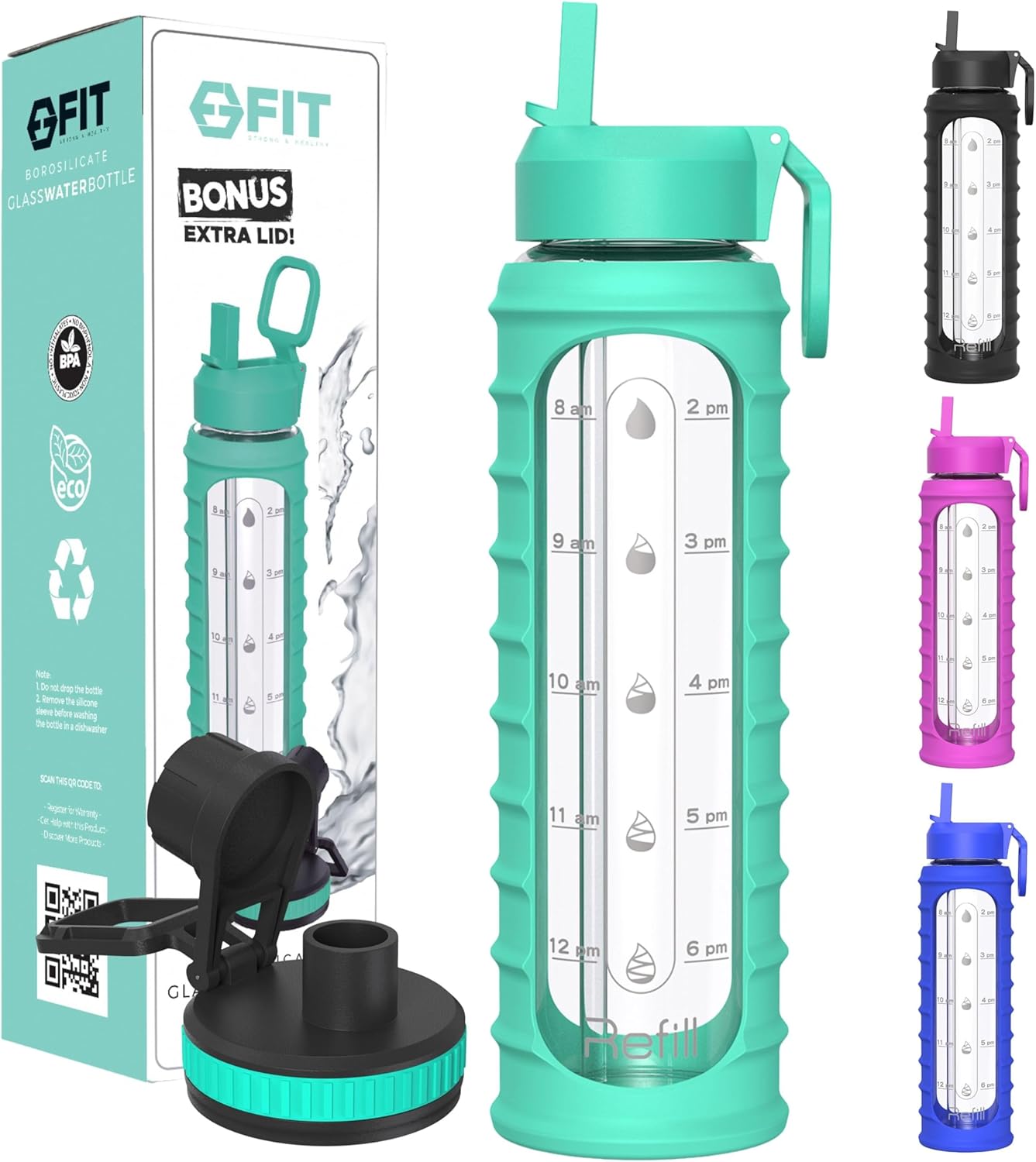 32 oz Glass Water Bottle with Time Marker, Sleeve, and Extra Lid - BPA-Free 1 Liter Glass Drinking Bottle with Straw Lid, Wide Mouth - Stay Hydrated and Motivated with this FIT Strong & Healthy Waterbottle