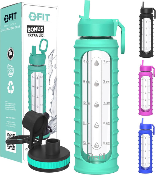 32 oz Glass Water Bottle with Time Marker, Sleeve, and Extra Lid - BPA-Free 1 Liter Glass Drinking Bottle with Straw Lid, Wide Mouth - Stay Hydrated and Motivated with this FIT Strong & Healthy Waterbottle