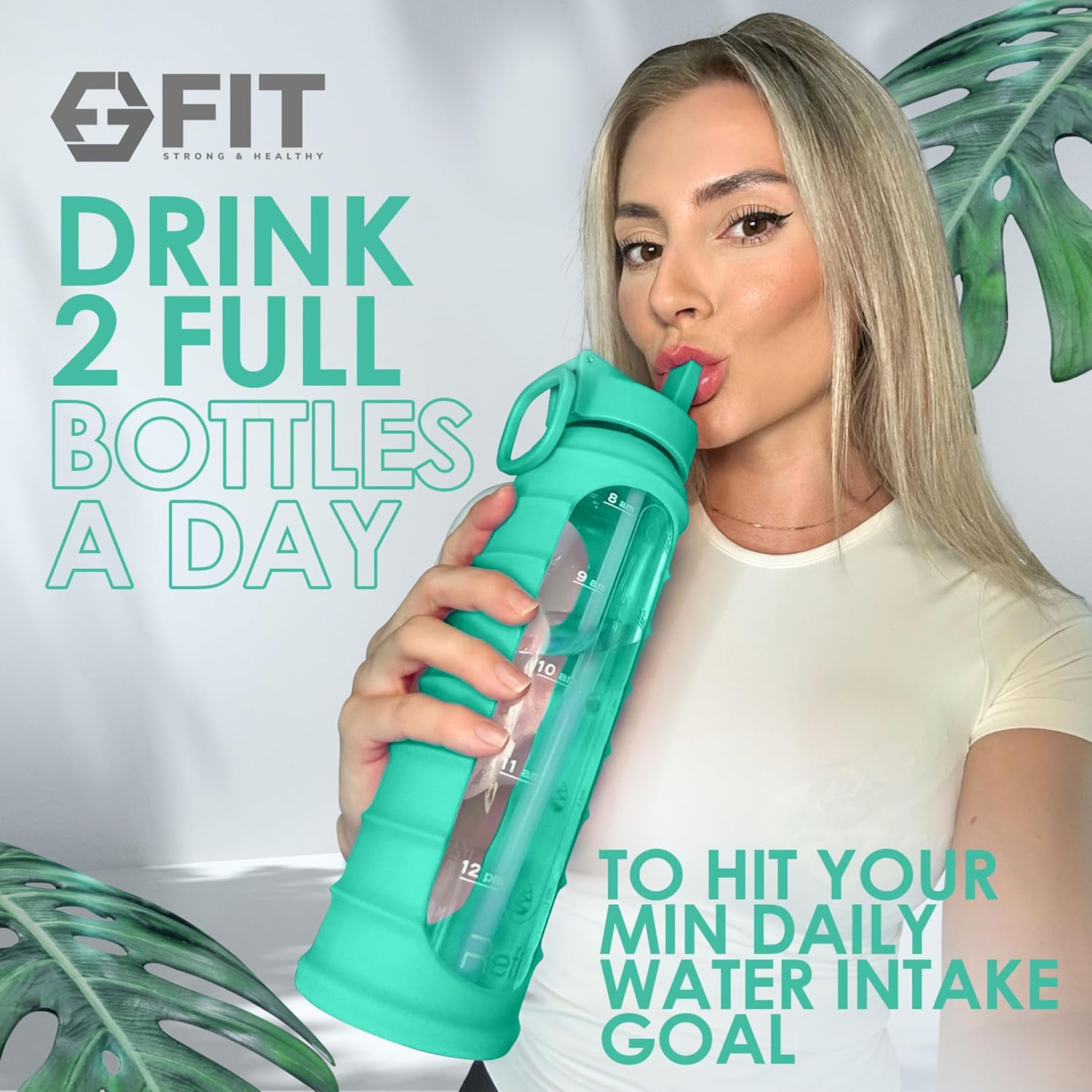 32 oz Glass Water Bottle with Time Marker, Sleeve, and Extra Lid - BPA-Free 1 Liter Glass Drinking Bottle with Straw Lid, Wide Mouth - Stay Hydrated and Motivated with this FIT Strong & Healthy Waterbottle
