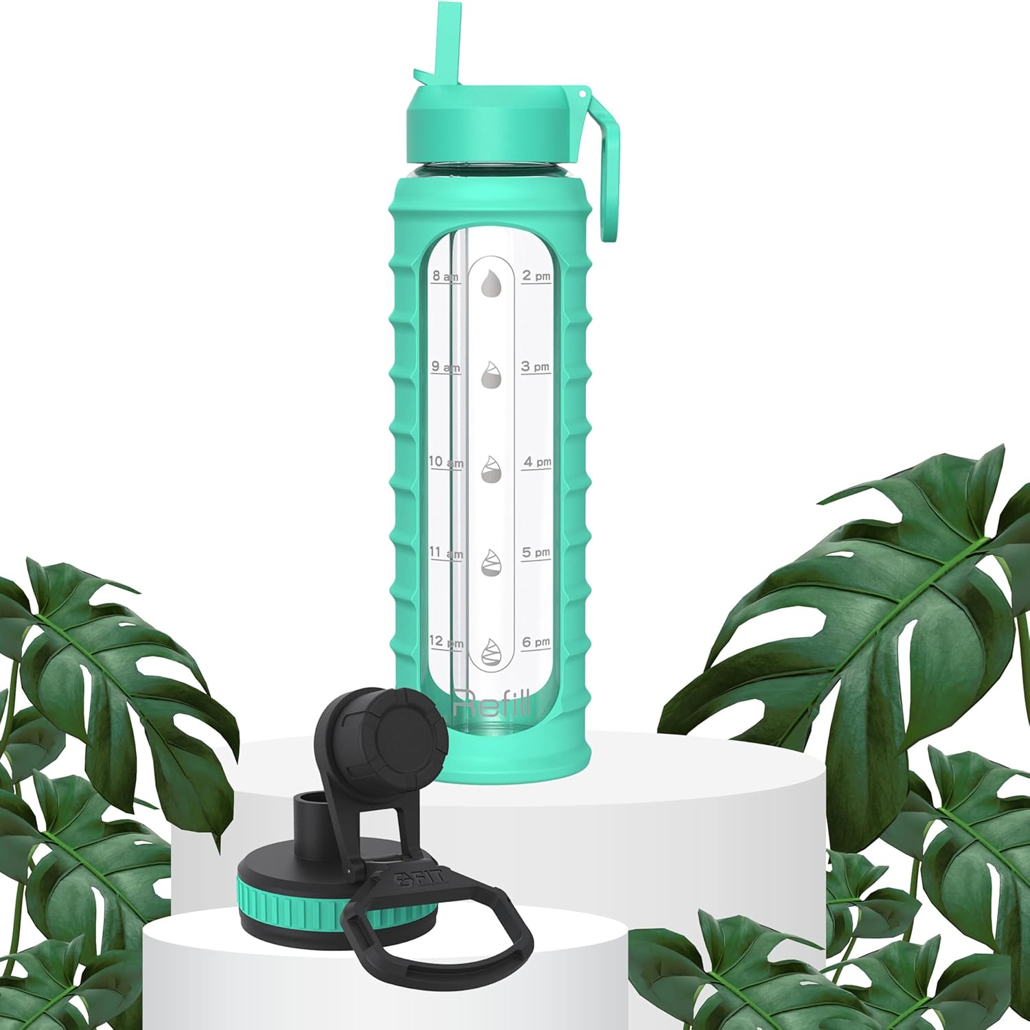32 oz Glass Water Bottle with Time Marker, Sleeve, and Extra Lid - BPA-Free 1 Liter Glass Drinking Bottle with Straw Lid, Wide Mouth - Stay Hydrated and Motivated with this FIT Strong & Healthy Waterbottle