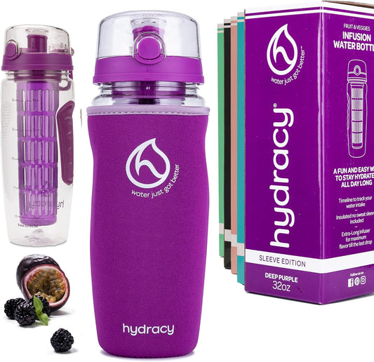 32 oz Hydracy Fruit Infuser Water Bottle with Insulating Sleeve, Time Marker & Infusion Rod - Deep Purple - Includes 27 Fruit Infused Water Recipes eBook