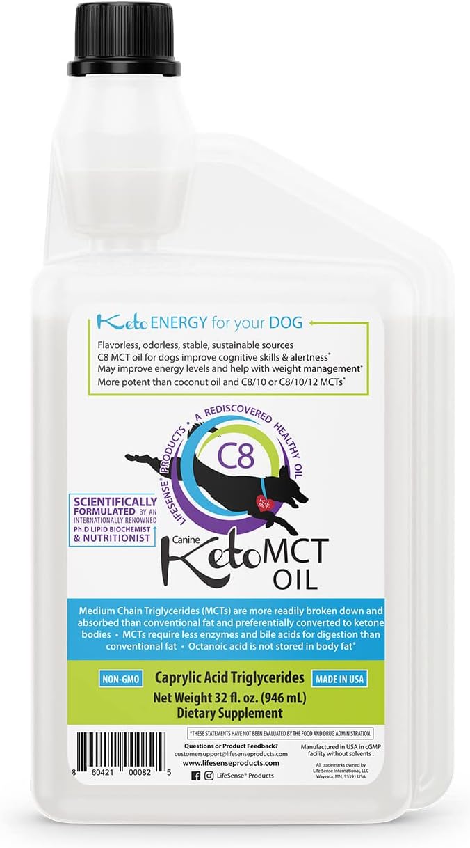 32 oz LifeSense C8 MCT Oil for Dogs, Coconut Oil Source, Keto-Friendly, Human Grade, Made in USA by PhD Nutrition - Optimal Brain and Body Fuel
