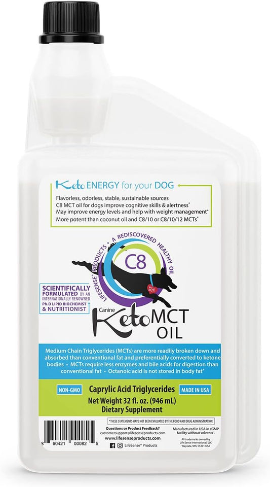 32 oz LifeSense C8 MCT Oil for Dogs, Coconut Oil Source, Keto-Friendly, Human Grade, Made in USA by PhD Nutrition - Optimal Brain and Body Fuel