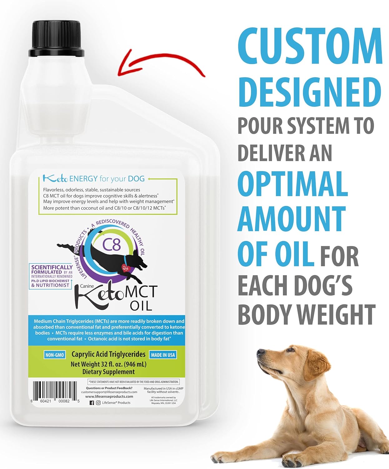 32 oz LifeSense C8 MCT Oil for Dogs, Coconut Oil Source, Keto-Friendly, Human Grade, Made in USA by PhD Nutrition - Optimal Brain and Body Fuel