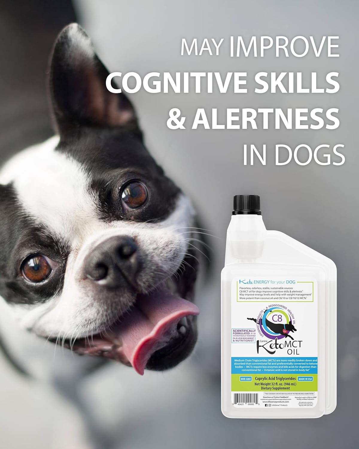 32 oz LifeSense C8 MCT Oil for Dogs, Coconut Oil Source, Keto-Friendly, Human Grade, Made in USA by PhD Nutrition - Optimal Brain and Body Fuel