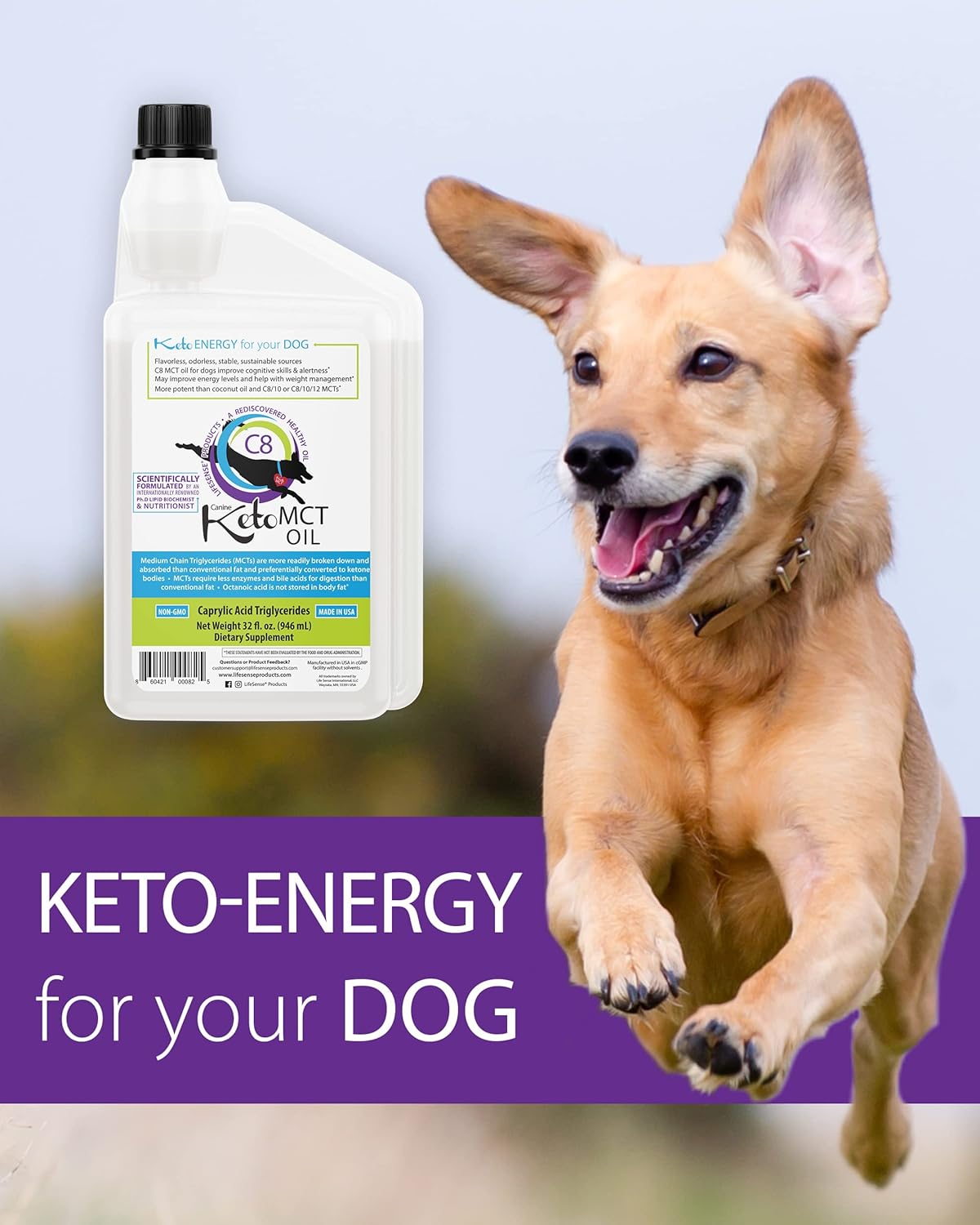 32 oz LifeSense C8 MCT Oil for Dogs, Coconut Oil Source, Keto-Friendly, Human Grade, Made in USA by PhD Nutrition - Optimal Brain and Body Fuel