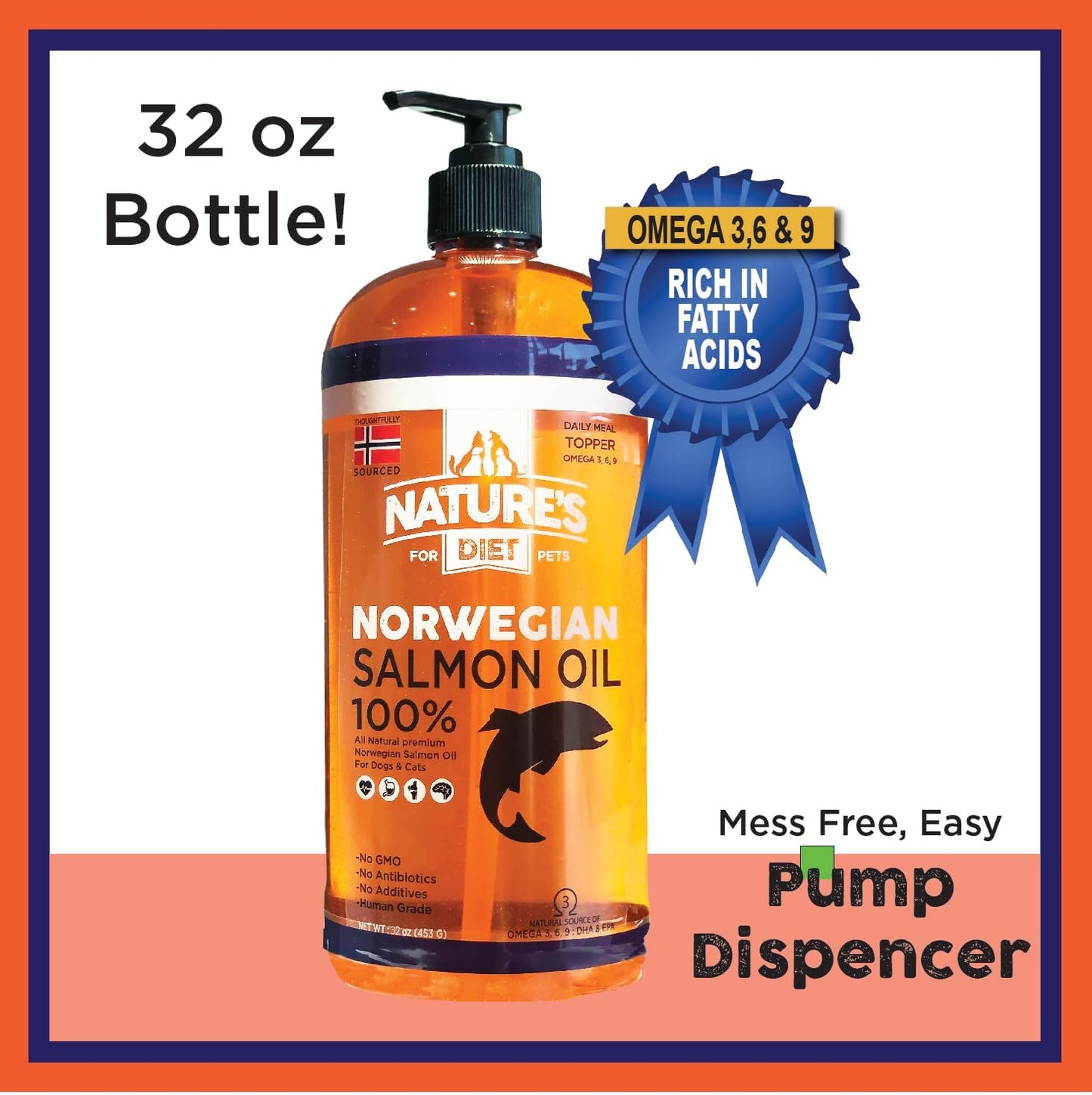 32 oz Norwegian Salmon Oil for Dogs & Cats - Natural Joint, Heart, and Skin Health Support Omega 3 6 9 Liquid Food Topper
