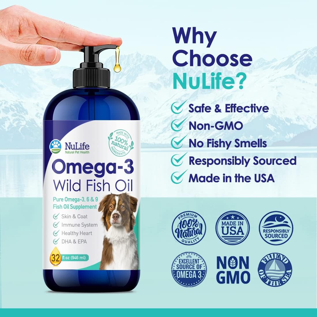 32 oz NuLife Natural Pet Health Liquid Fish Oil for Dogs | Omega 3, 6 & 9 Fatty Acids | Wild Caught from Iceland | Skin & Coat Supplement | Shedding, Itchy Skin, Allergies | Brain & Heart Health | EPA + DHA