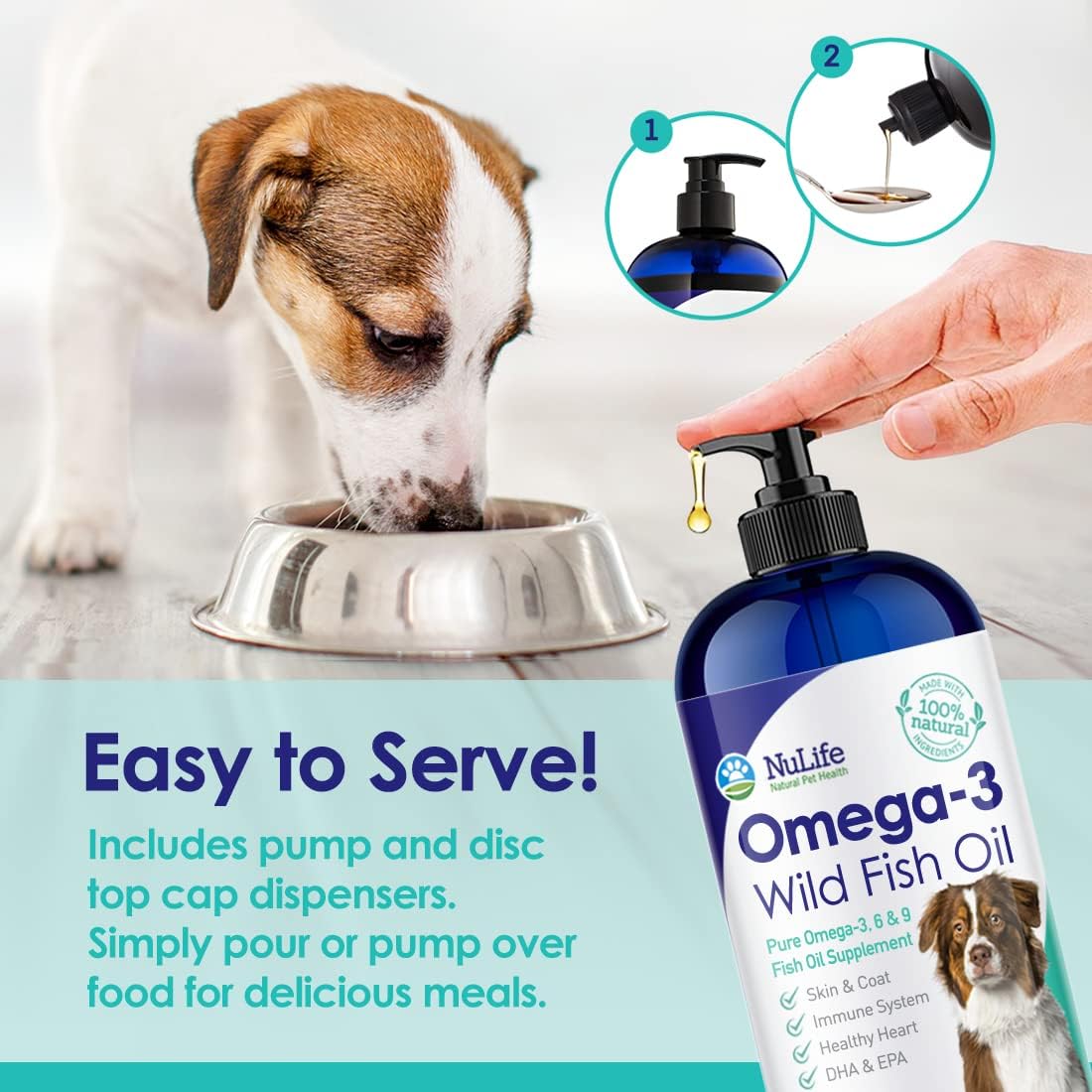 32 oz NuLife Natural Pet Health Liquid Fish Oil for Dogs | Omega 3, 6 & 9 Fatty Acids | Wild Caught from Iceland | Skin & Coat Supplement | Shedding, Itchy Skin, Allergies | Brain & Heart Health | EPA + DHA